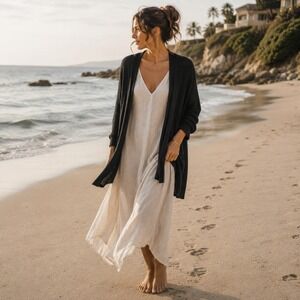 Eileen Fisher Black Organic Linen Cotton Ribbed Open Front Cardigan Medium NYE